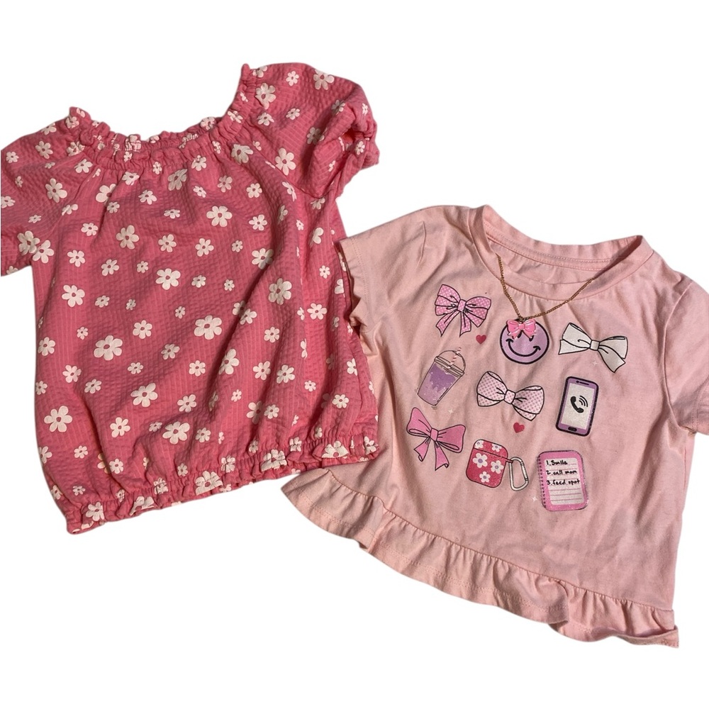 Star Ride Pink Graphic Tee Set with Bow Accent attached necklace size 5 girls